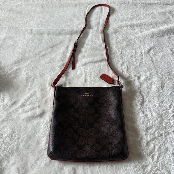 Coach Crossbody Bag Womens Medium Brown Signature Canvas Leather Trim Purse Red - Picture 1 of 13